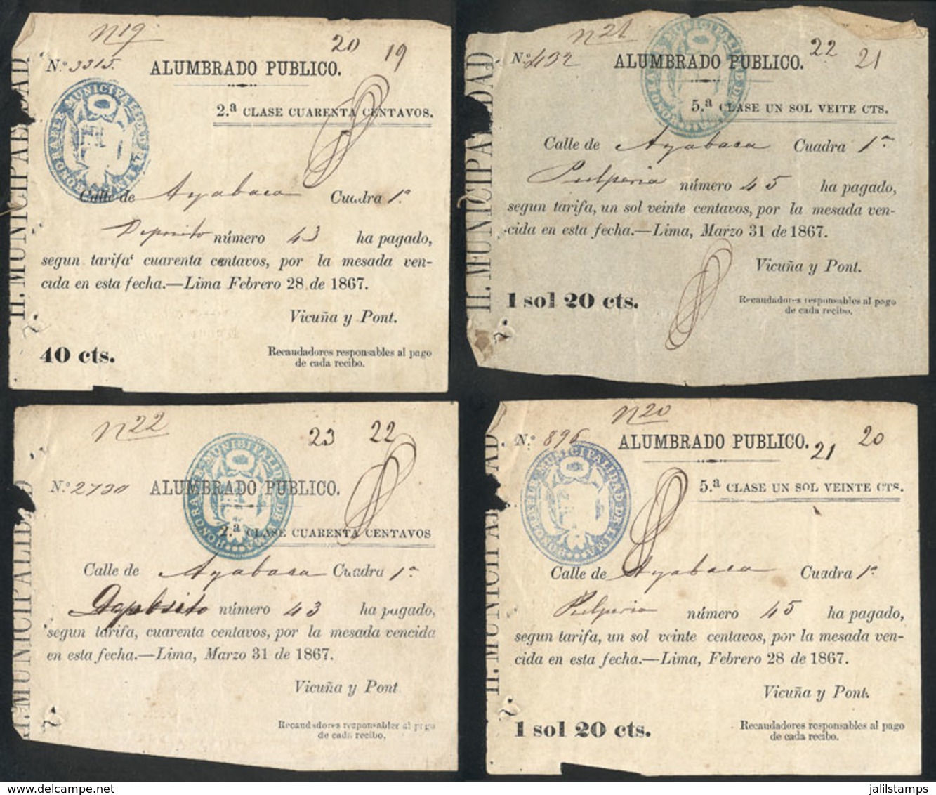 PERU: 4 Receipts Of Payment For Lighting Tax Of Year 1867, Rare! - Pérou