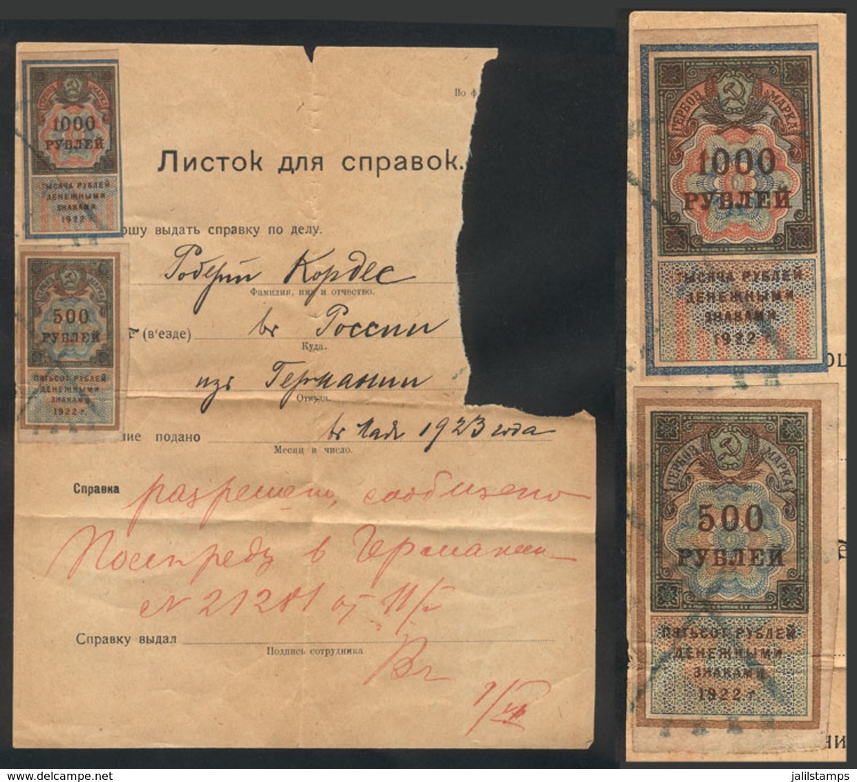 RUSSIA: Large Part Of A Document Of 1923 With 2 Interesting Revenue Stamps Affixed, Interesting! - Other & Unclassified