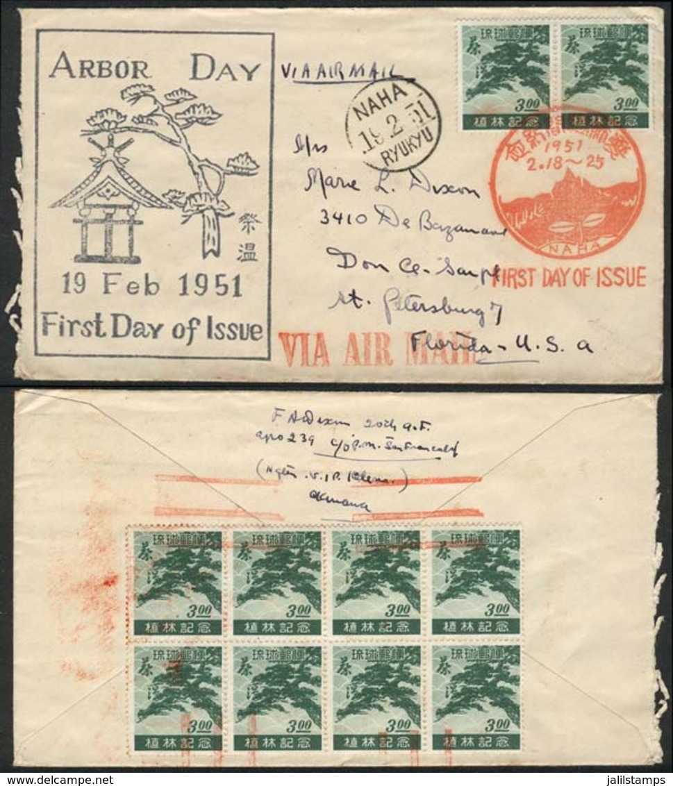 RYU KYU: Cover Franked By Sc.15 X10 (2 On Front, Block Of 8 On Reverse), Sent From Naha To USA On 19/FE/1952, First Day  - Other & Unclassified