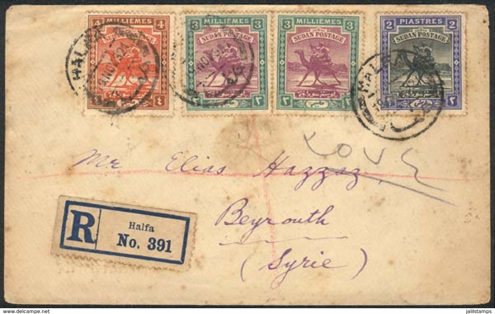 SUDAN: Registered Cover Sent From HALFA To Beyrouth On 19/NO/1921, With Interesting Cancels On Reverse! - Soudan (...-1951)