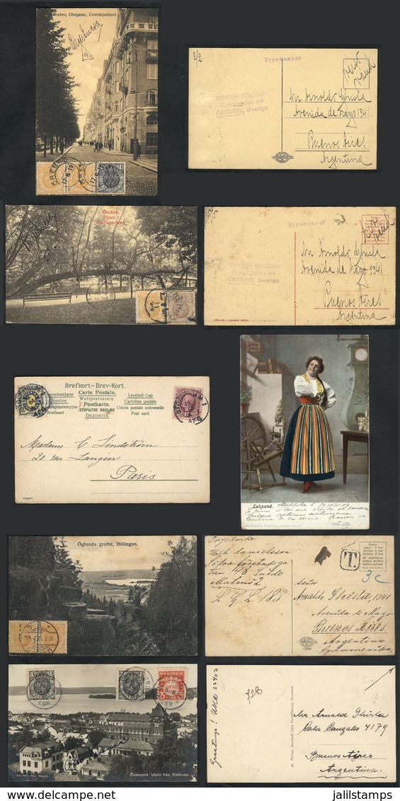 SWEDEN: 5 Postcards Sent To Argentina Between 1918 And 1931, Interesting Postages And Postal Marks! - Covers & Documents