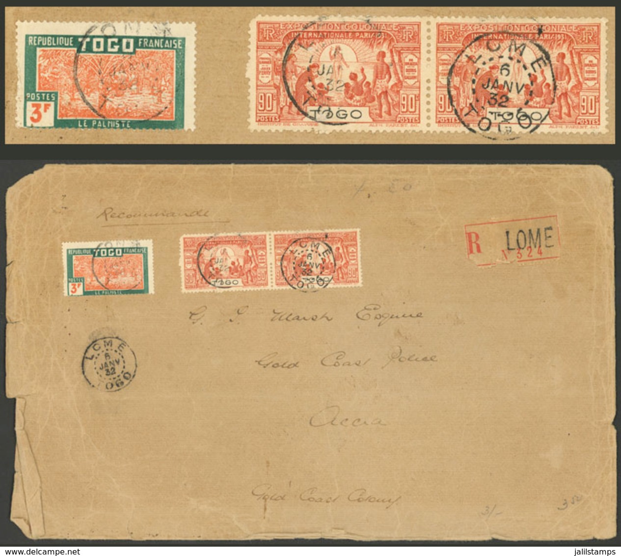 TOGO: Registered Cover Sent From Lomé To Accra (Gold Coast) On 6/JA/1932 Franked With 4.80Fr., The Borders With Minor Fa - Covers & Documents