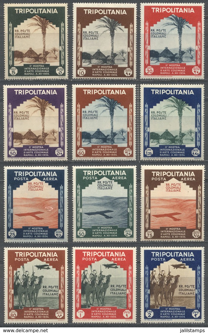 TRIPOLITANIA: Sc.73/78, 1934 Colonial Art (native Houses, Airplanes, Camels), Cmpl. Set Of 12 Values, Mint Lightly Hinge - Tripolitania