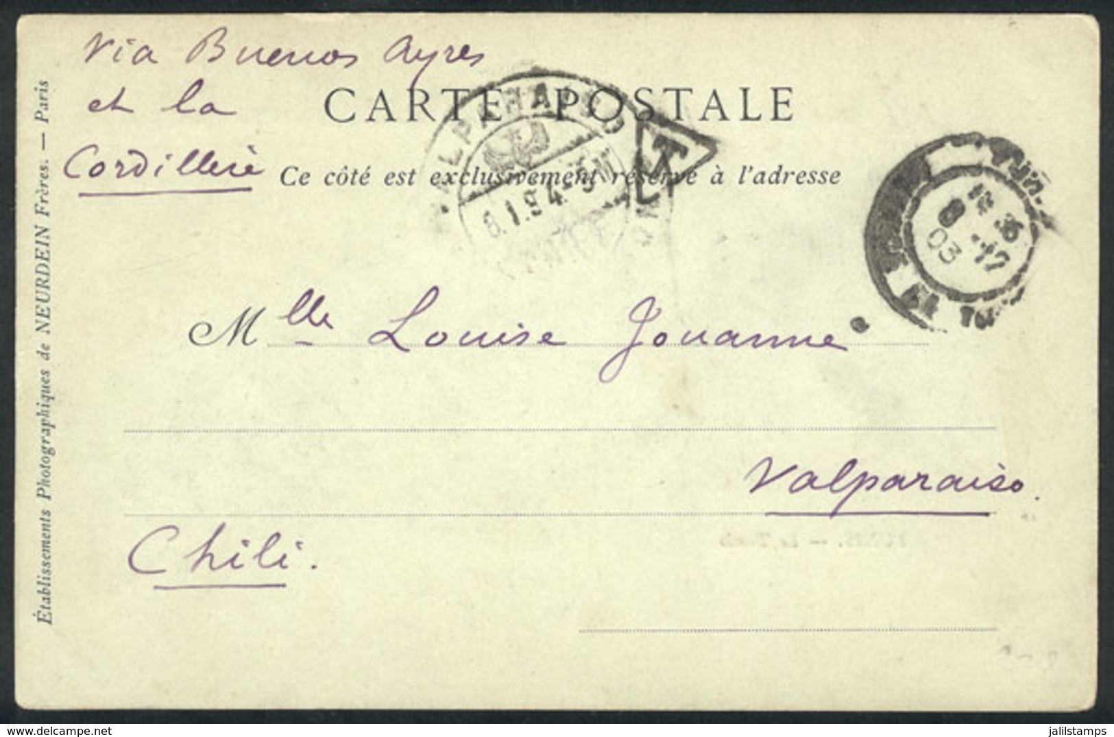 TUNISIA: "Postcard (view Of Le Bardo) Sent To Valparaiso (Chile) WITHOUT POSTAGE On 17/AU/1903, With Arrival Mark Of 6/J - Tunesië (1956-...)