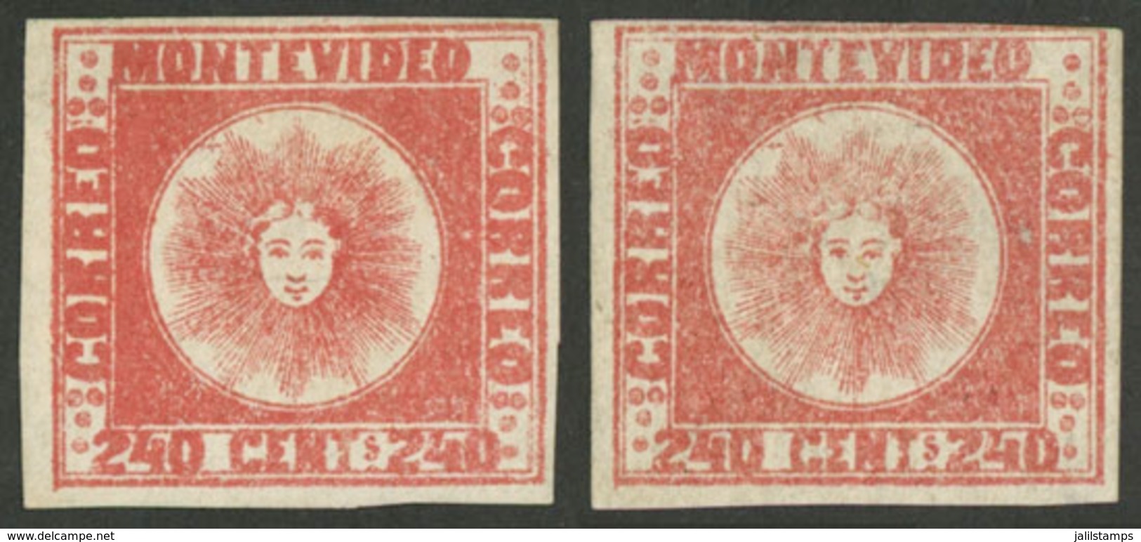 URUGUAY: Sc.6, 1858 240c. Vermilion, 2 Examples In Different Shades, Mint Without Gum, VF Quality! - Uruguay