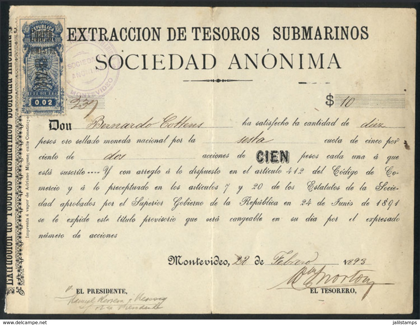 URUGUAY: "Receipt For The Payment Of Part Of A Share Of ""Anónima Extracción De Tesoros Submarinos"" (a Company That Ext - Uruguay