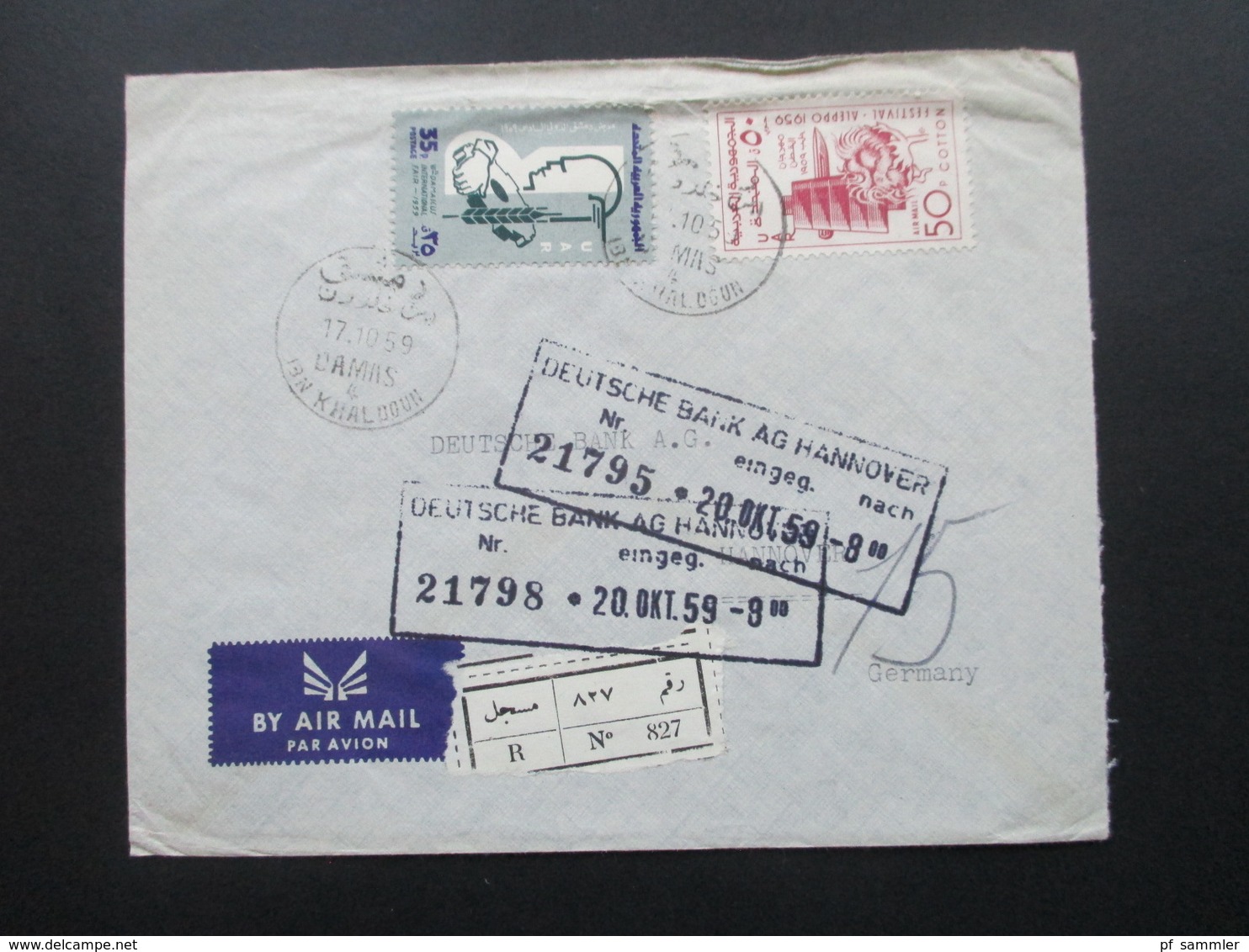 Syrien / UAR 1959 Air Mail / Luftpost Societe De Banques Reunies S.A.S. Einschreiben R No 827 / Arabische Schrift - Syrie