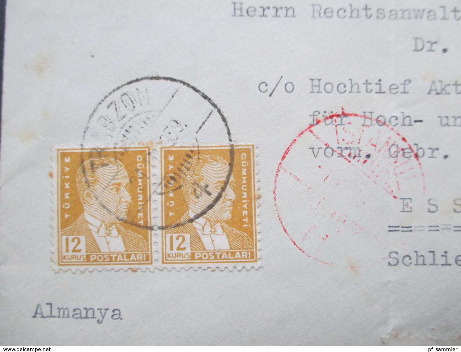 Türkei 1939 Einschreiben R- Trabzon 1 619 No T Roter Stempel Istanbul. R-Zettel Gestempelt. Nach Essen - Cartas & Documentos