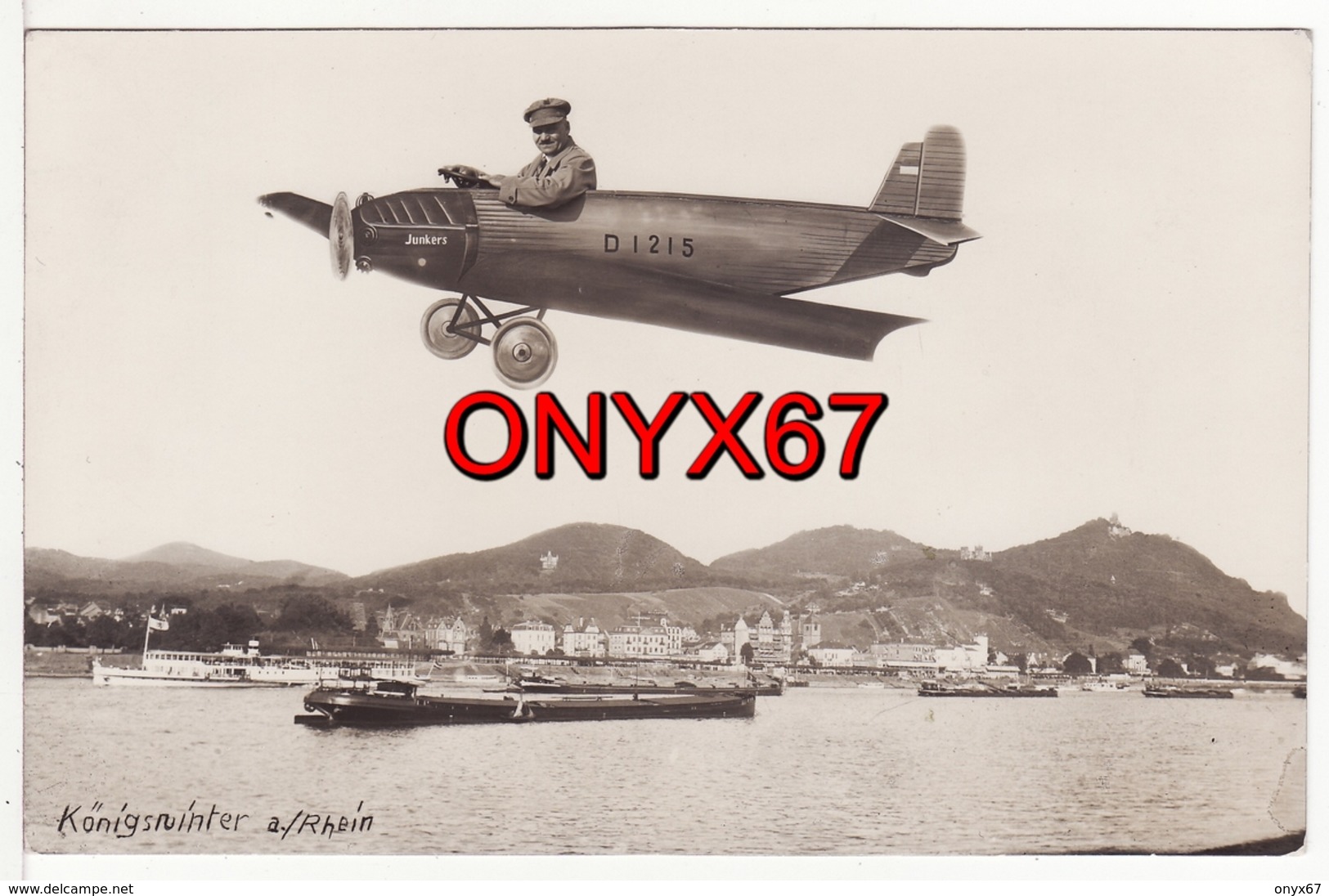 Carte Postale Photo Montage AVION Fictif "Junkers" Königswinter Am Rhein Allemagne (Deutschland) BATEAU-PENICHE - Koenigswinter