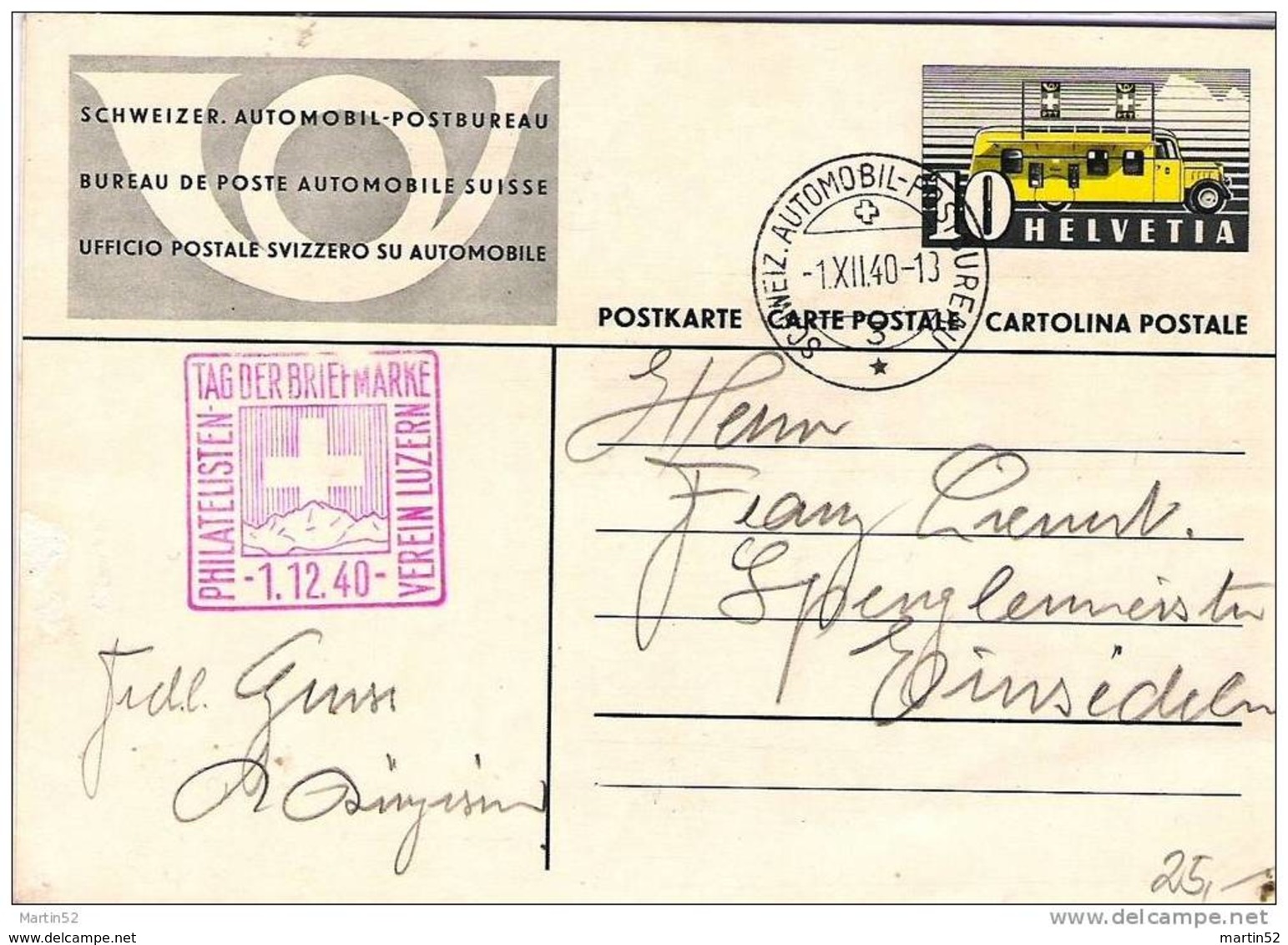 Schweiz Suisse 1940: TAG DER BRIEFMARKE PHILATELISTEN-VEREIN LUZERN 1.XII.40 AUTOMOBIL-POSTBUREAU - Día Del Sello