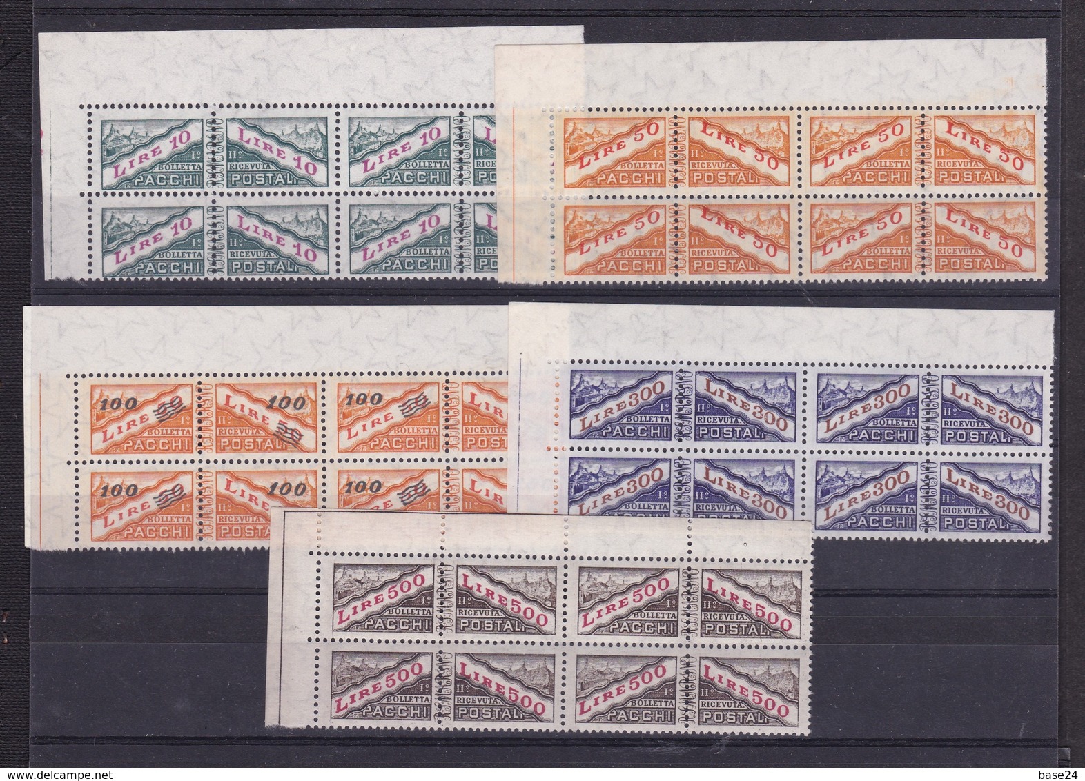 1956 San Marino Saint Marin PACCHI POSTALI VEDUTA FIL. STELLE 4 Serie Di 5v. (37/41) Quartina MNH** Bl.4 Parcel Post - Parcel Post Stamps
