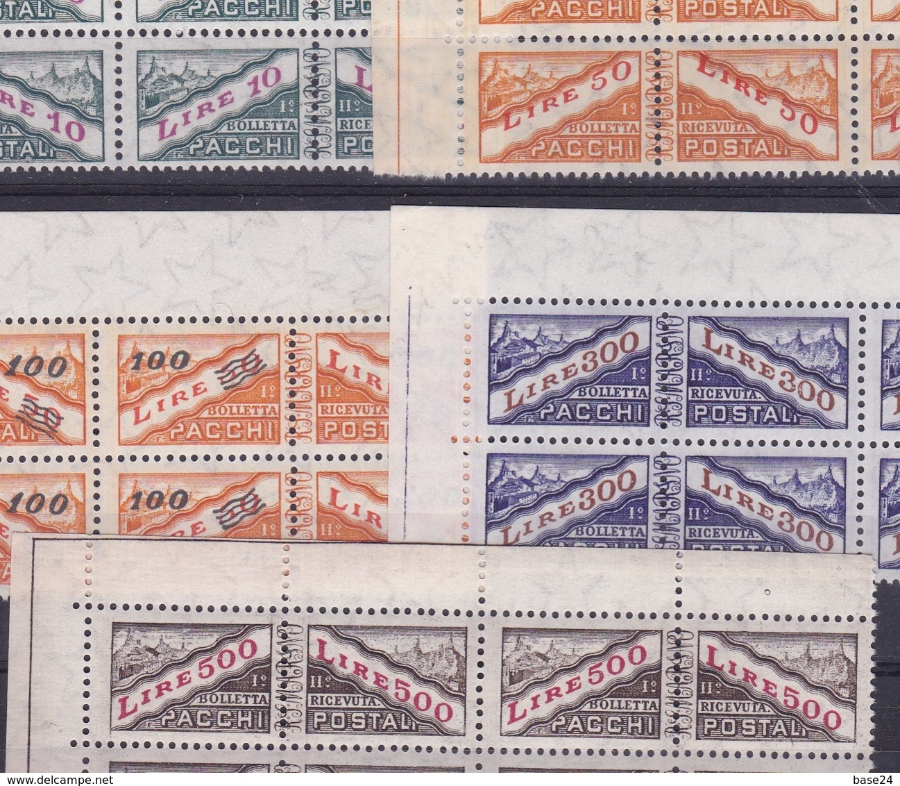 1956 San Marino Saint Marin PACCHI POSTALI VEDUTA FIL. STELLE 4 Serie Di 5v. (37/41) Quartina MNH** Bl.4 Parcel Post - Parcel Post Stamps