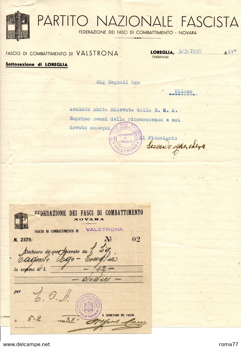 VER3296 - P.N.F. Lettera Con Ricevuta "partito Nazionale Fascista"  1937 - Historische Dokumente
