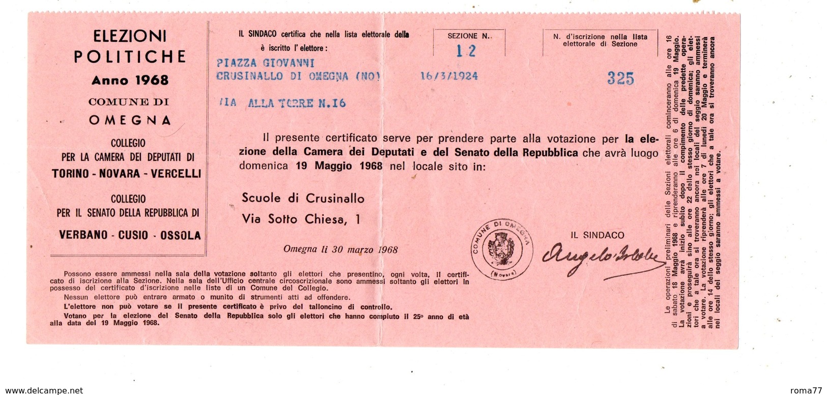 VER3297 - Elezioni Politiche 1968 : Certificato Di Votazione Ripiegato - Documenti Storici