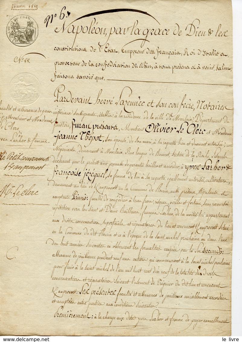 SOUS NAPOLEON 1er. ACTE NOTARIE NOTAIRE DE MORLAIX 1810. CACHET DORé DU TRIBUNAL CIVIL - Other & Unclassified