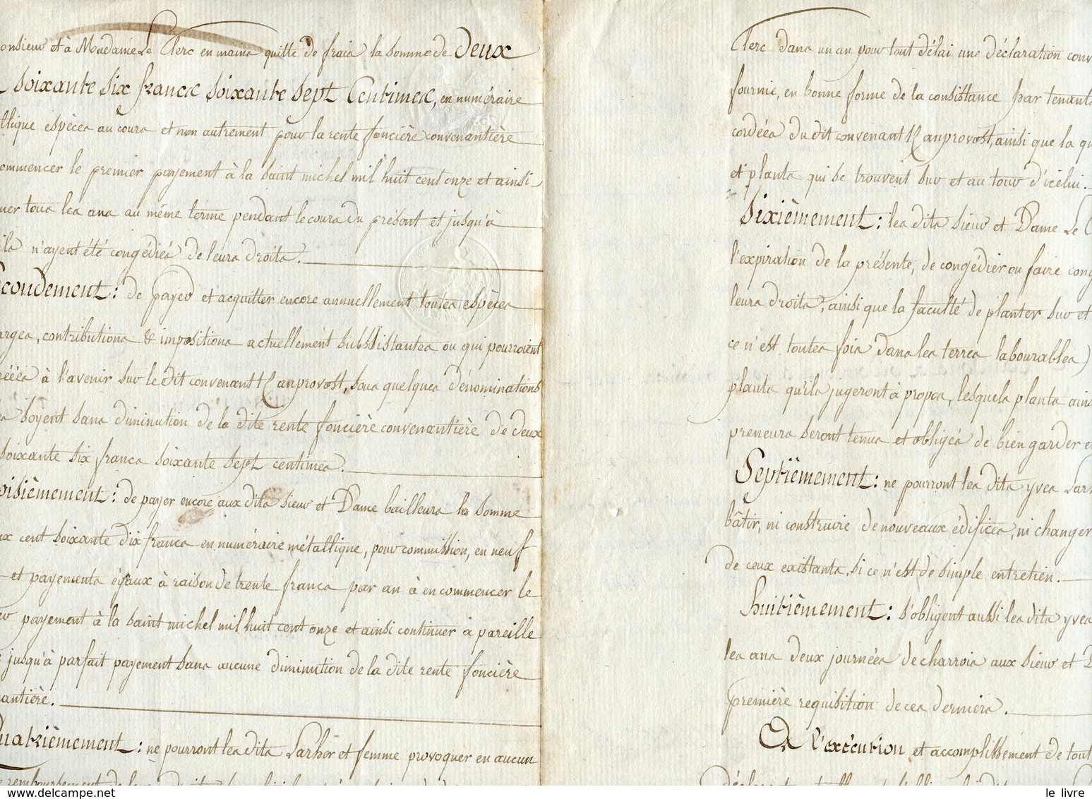 SOUS NAPOLEON 1er. ACTE NOTARIE NOTAIRE DE MORLAIX 1810. CACHET DORé DU TRIBUNAL CIVIL - Other & Unclassified