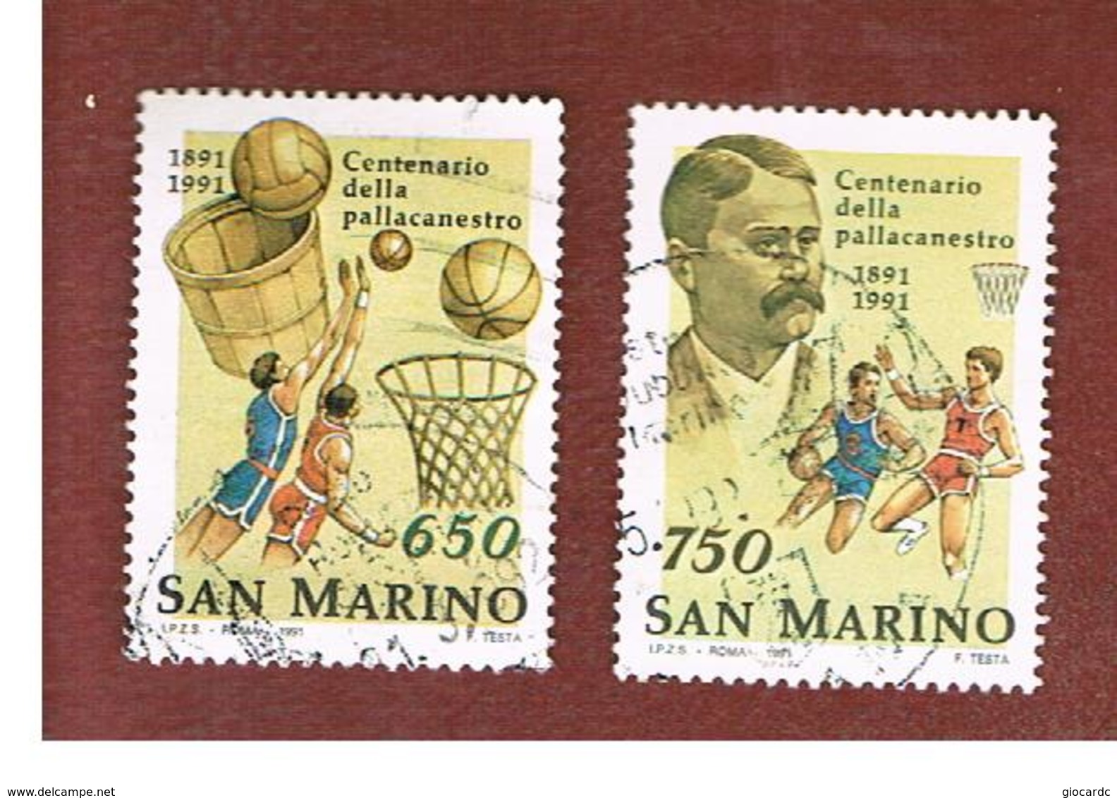 SAN MARINO - UNIF. 1321.1322  - 1991 CENTENARIO DELLA PALLACANESTRO, BASKET  (SERIE COMPLETA DI 2)  -  USATI (USED°) - Usati