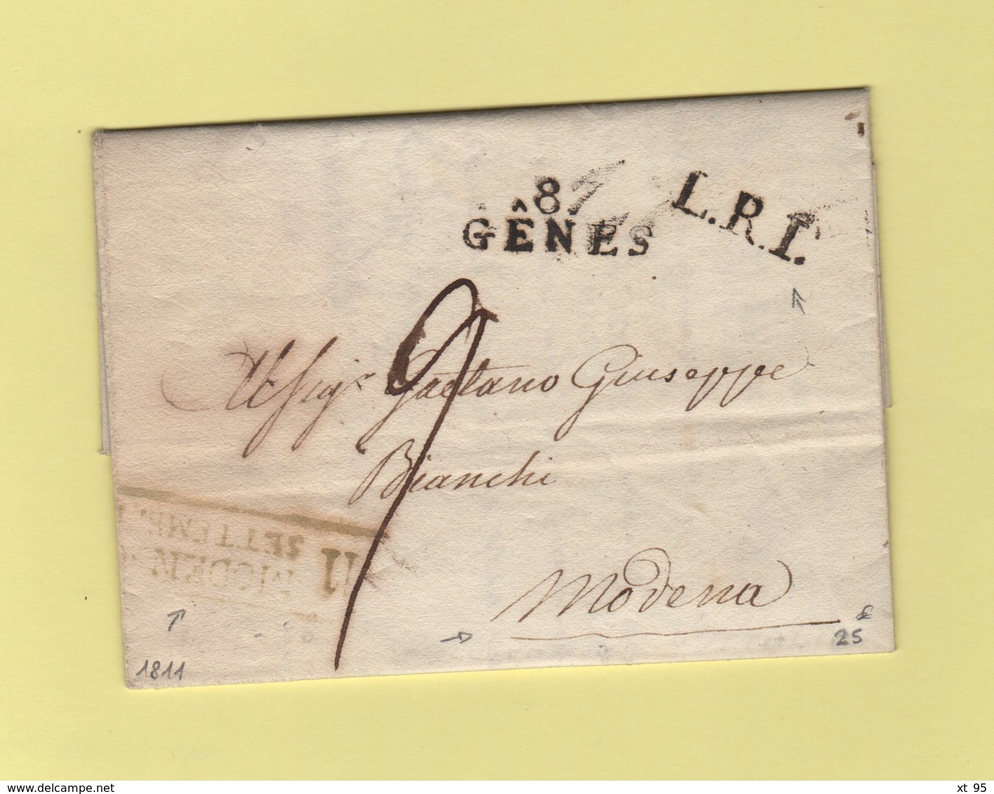 Genes - 87 - 1811 - Lettre Pour Modena - Arrivee Encadrée Modena 11 Settembre - Departement Conquis - 1792-1815: Dipartimenti Conquistati