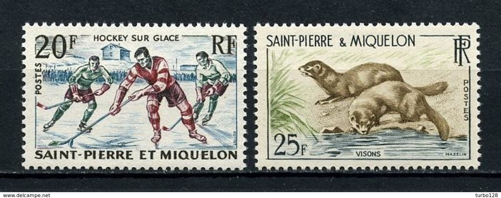 SPM MIQUELON 1959  N° 360/361 ** Neufs MNH Superbes C 9,50 € Animaux Animals Faune Sports Visons Hockey Glace - Unused Stamps