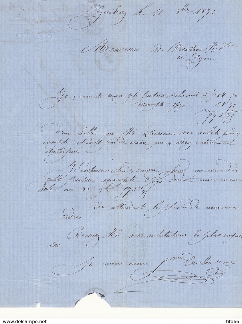 Lac Avec Cérès 60 C Du 14/10/1874 De Guybray Vers Lyon TAD Convoyeur Station Falaise - 1849-1876: Période Classique