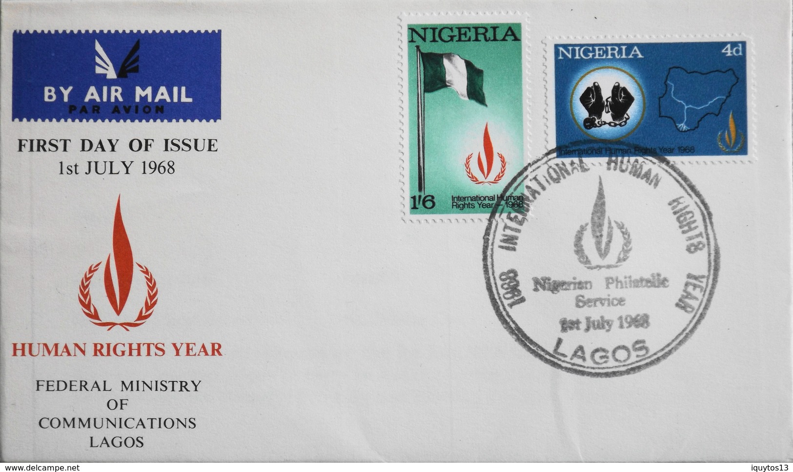Enveloppe 1er Jour NIGERIA - Année Des Droits De L'Homme - Daté Lagos 1er Juillet 1968 - TBE - Nigeria (1961-...)