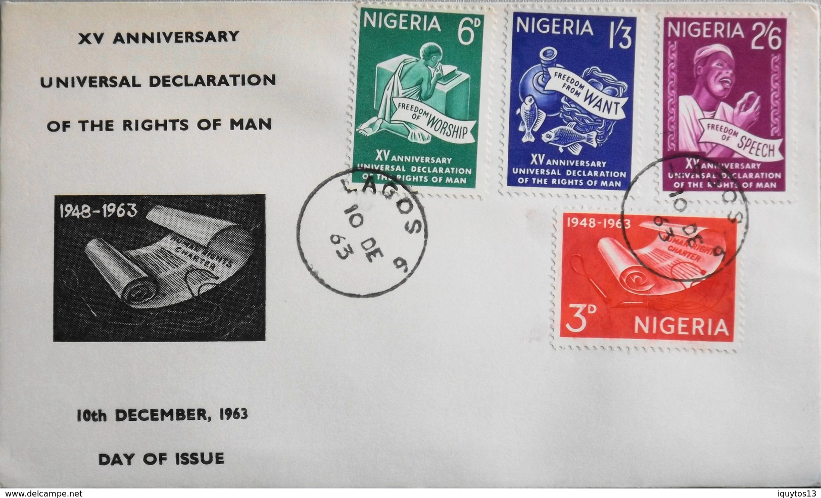 Enveloppe 1er Jour NIGERIA - Déclaration Universelle Des Droits De L'Homme - Daté Lagos 10 Décembre 1963 - TBE - Nigeria (1961-...)