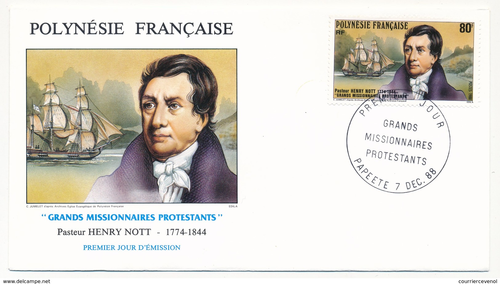 POLYNESIE FRANCAISE - 3 FDC - Grands Missionnaires Protestants - 7 Décembre 1988 - FDC