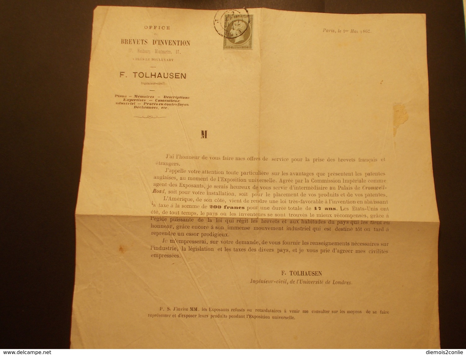 Très RARE - Marcophilie Timbre N°11 Sur Document Office Brevets D'Invention - 1862 - (2141) - 1849-1876: Période Classique