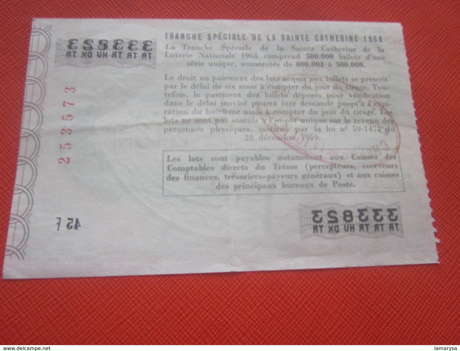 TRANCHE SPÉCIALE DE LA SAINTE CATHERINE-- Année 1968 -Billet De La Loterie Nationale --imprimé En Taille Douce - Billets De Loterie