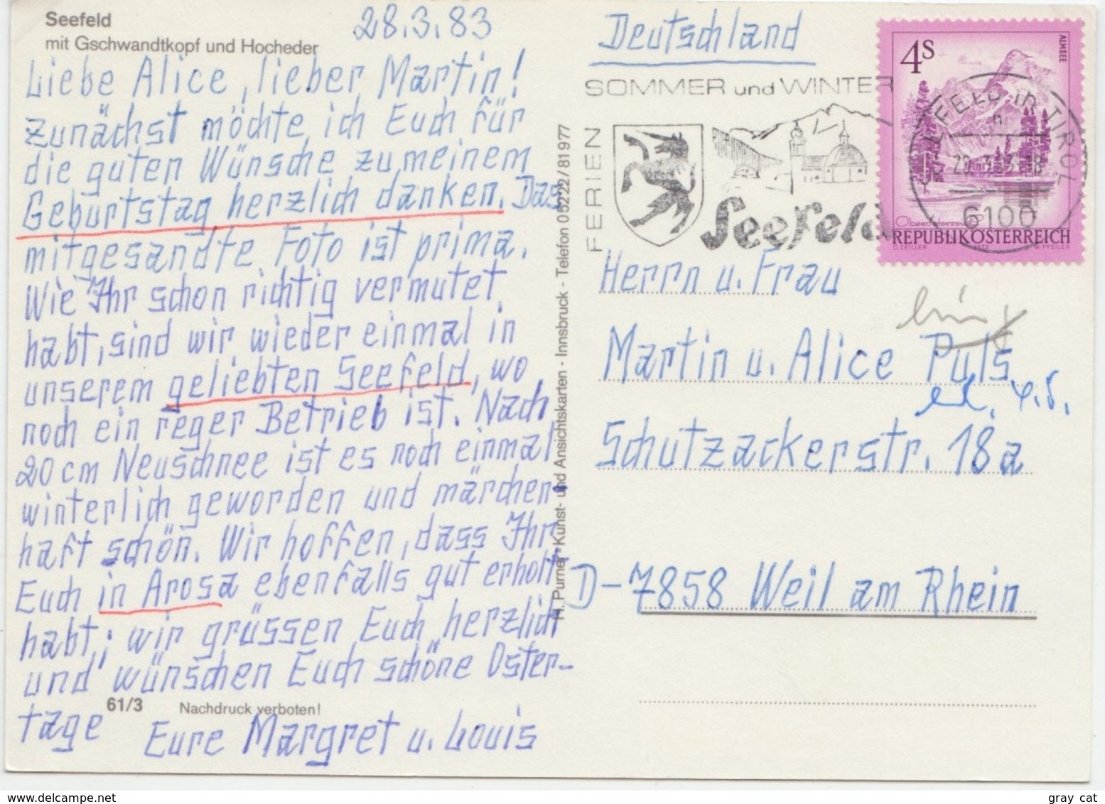 Seefeld, Tirol - 1200m, Austria, 1983 Used Postcard [21935] - Seefeld