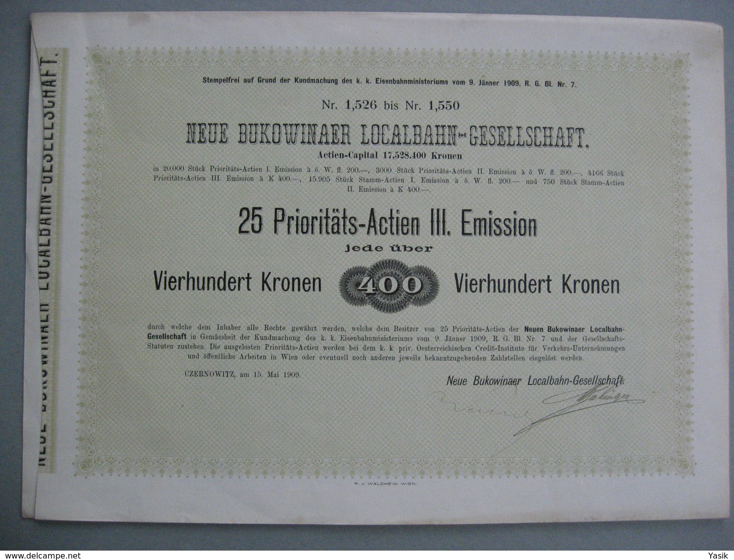 Neue Bukowinaer Localbahn III Emision 25 Pr.-Aktien 400 Kronen 1909 Czernowitz Austria Ukraine Romania - Railway & Tramway