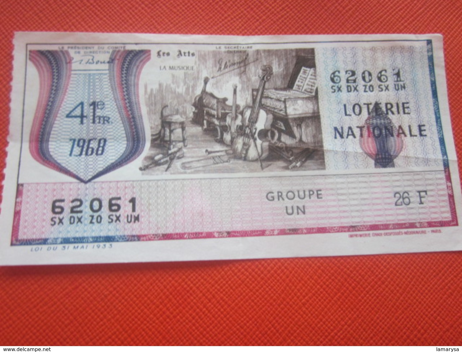 LES ARTS LA MUSIQUE VIOLONCELLE PIANO -Année 1968 -Billet De La Loterie Nationale-imprimé En Taille Douce - Lottery Tickets
