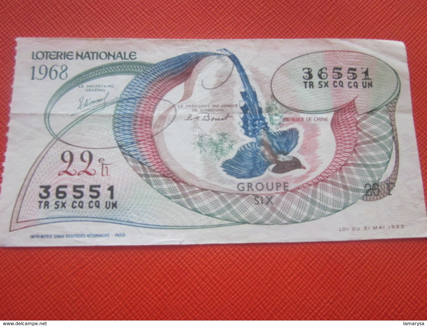 OISEAUX  -Année 1968 -Billet De La Loterie Nationale-imprimé En Taille Douce - Billets De Loterie