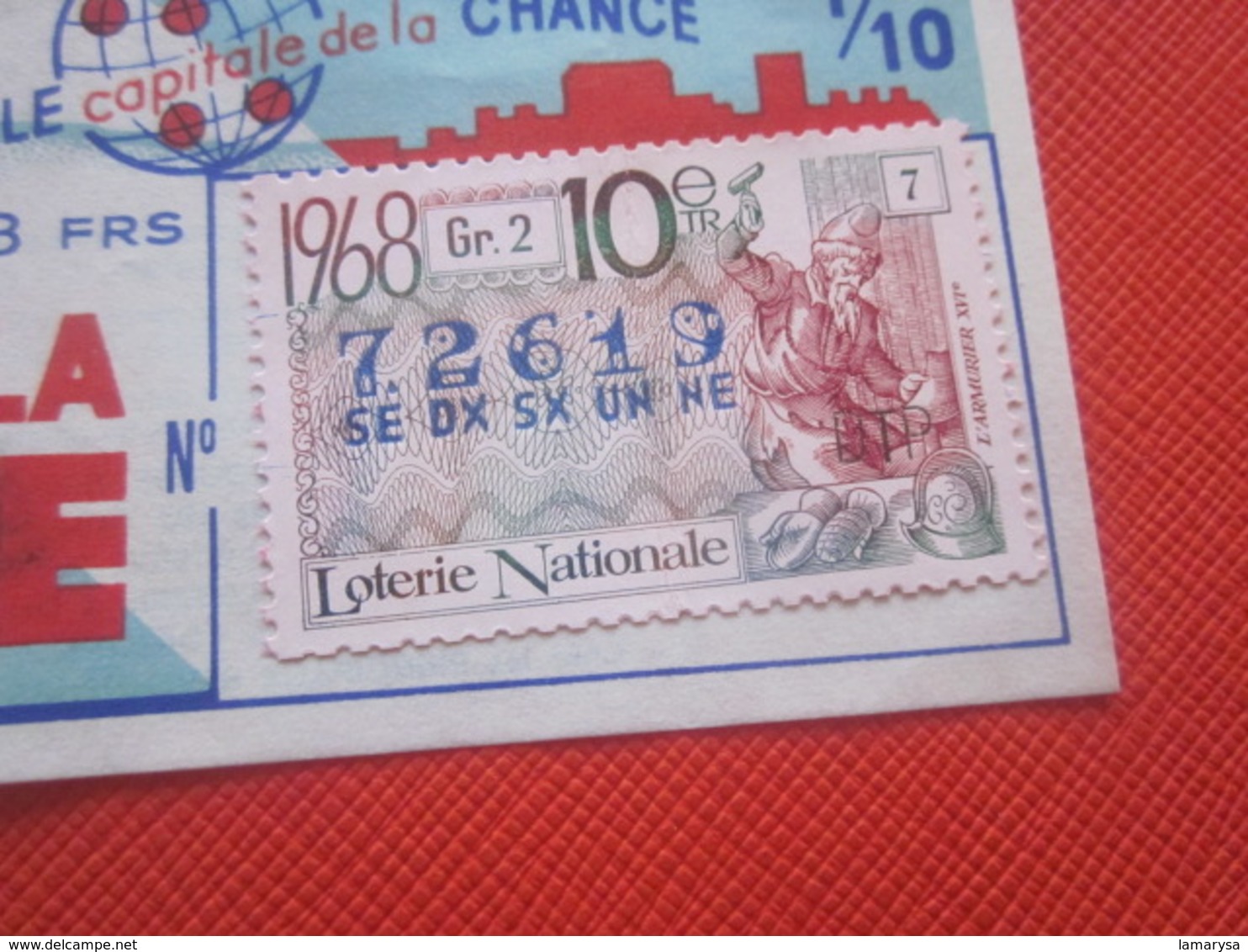 ARMURIER XVIé SIÈCLE -1/10é DE LA BOURSE-Année 1968 -Billet De La Loterie Nationale+VIGNETTE IMPRIMÉE EN TAILLE DOUCE - Billets De Loterie