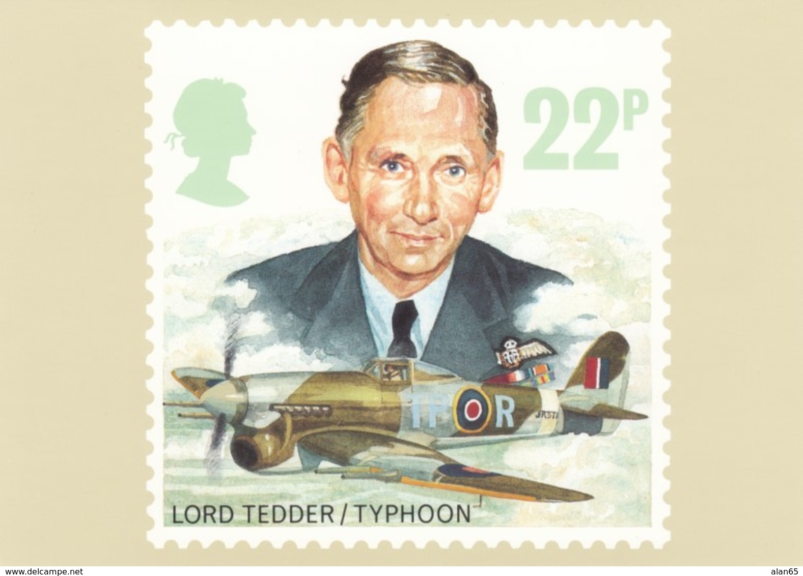 UK Stamp, 22p Lord Tedder/Typhoon Issue Image, WWII Military Theme, C1980s Vintage Postcard - Timbres (représentations)