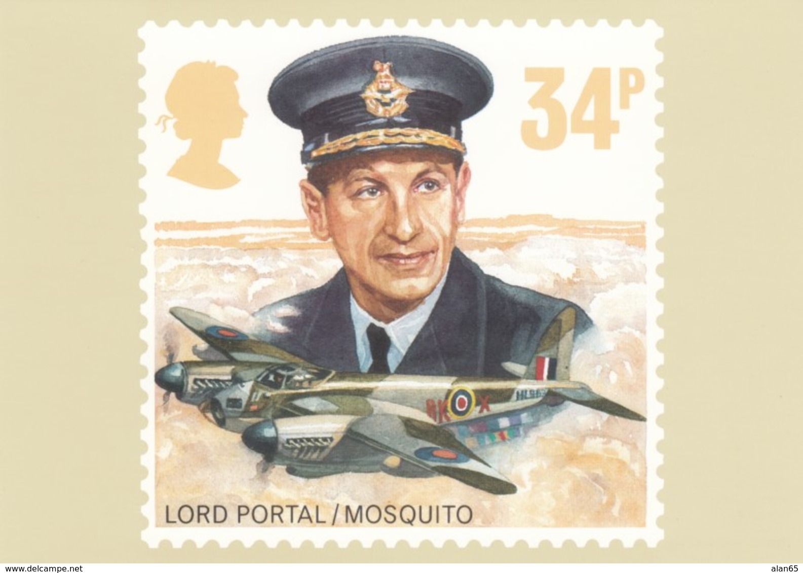 UK Stamp, 34p Lord Portal/Mosquito Issue Image, WWII Military Aviation Theme, C1980s Vintage Postcard - Timbres (représentations)