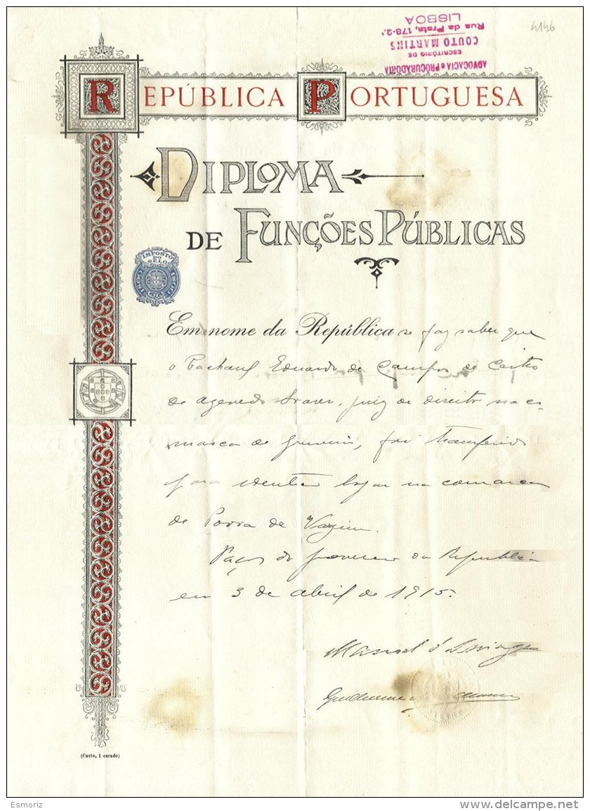 PORTUGAL, Diploma De Funções Públicas, Used, F/VF - Nuevos
