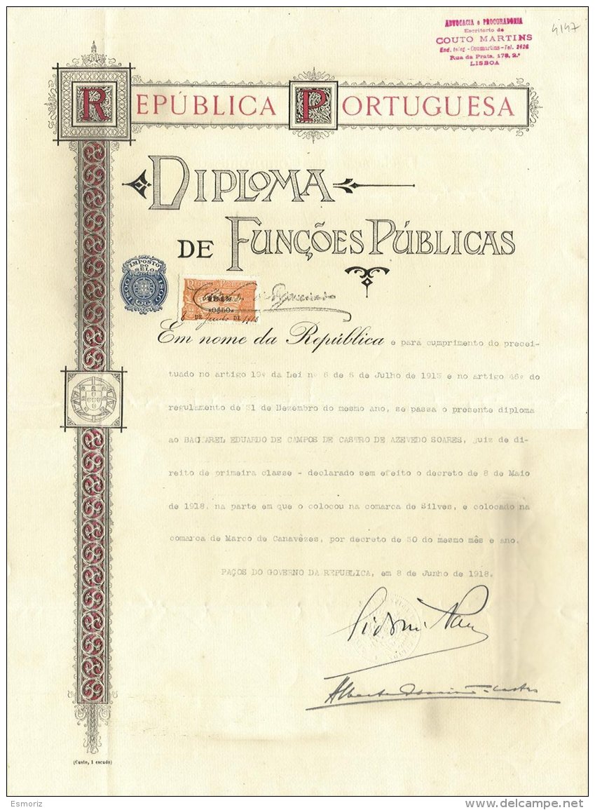 PORTUGAL, Diploma De Funções Públicas, Used, F/VF - Ongebruikt