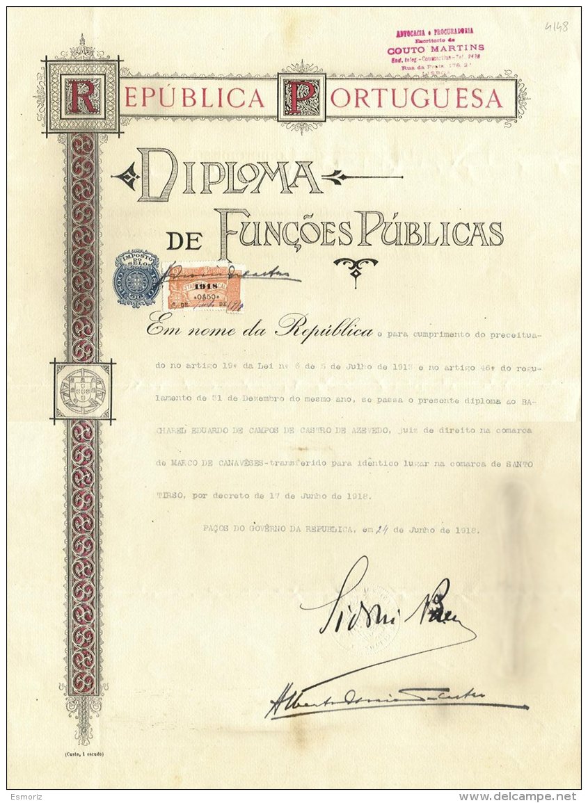 PORTUGAL, Diploma De Funções Públicas, Used, F/VF - Neufs