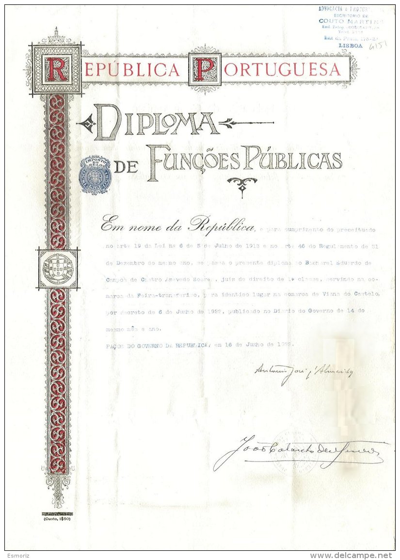 PORTUGAL, Diploma De Funções Públicas, Used, F/VF - Nuevos