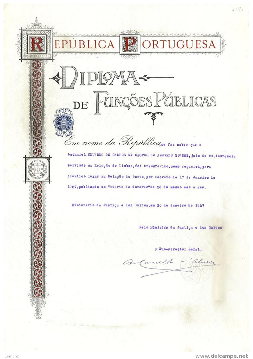 PORTUGAL, Diploma De Funções Públicas, Used, F/VF - Neufs