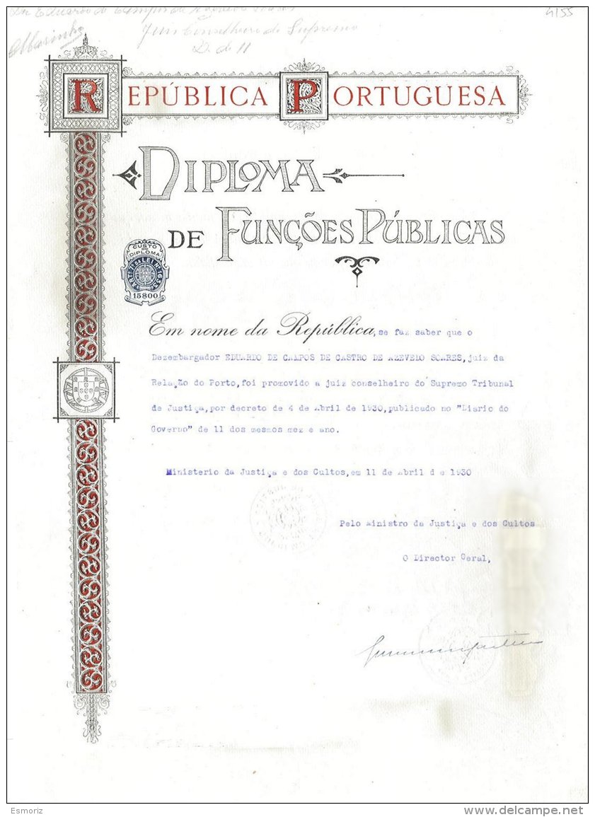 PORTUGAL, Diploma De Funções Públicas, Used, F/VF - Ungebraucht