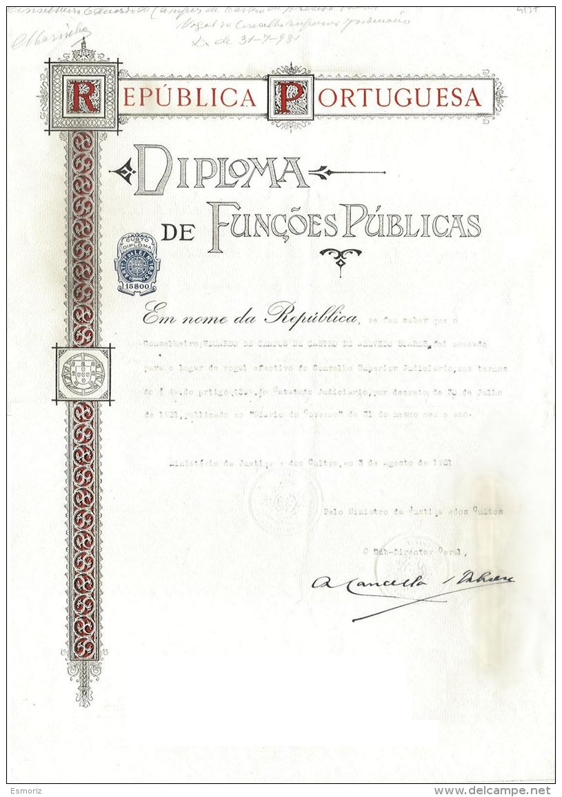 PORTUGAL, Diploma De Funções Públicas, Used, F/VF - Neufs