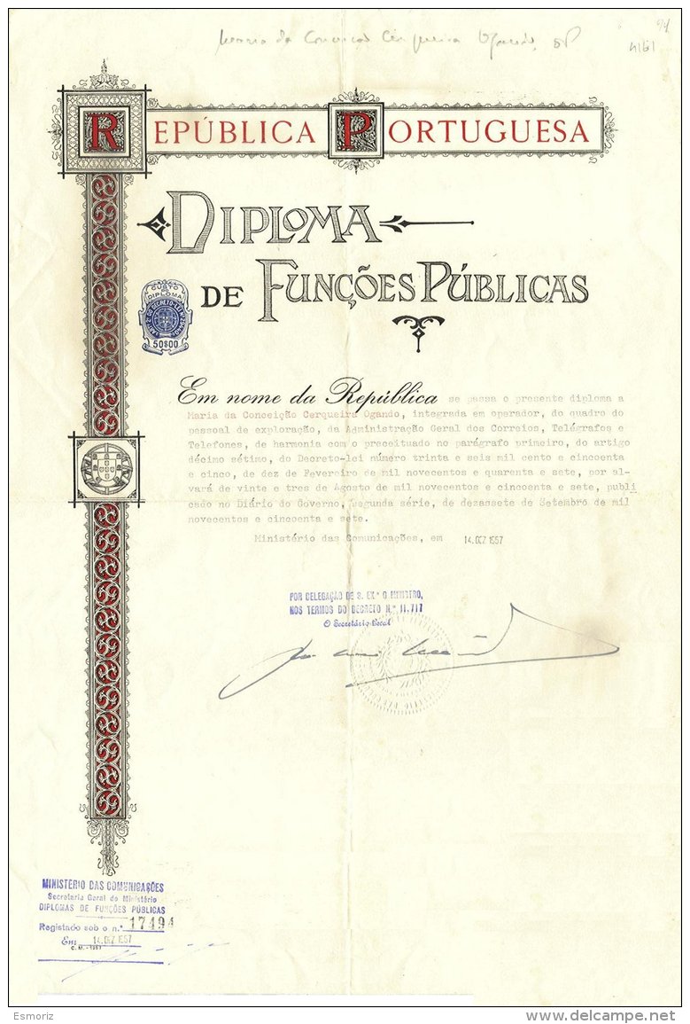 PORTUGAL, Diploma De Funções Públicas, Used, F/VF - Unused Stamps