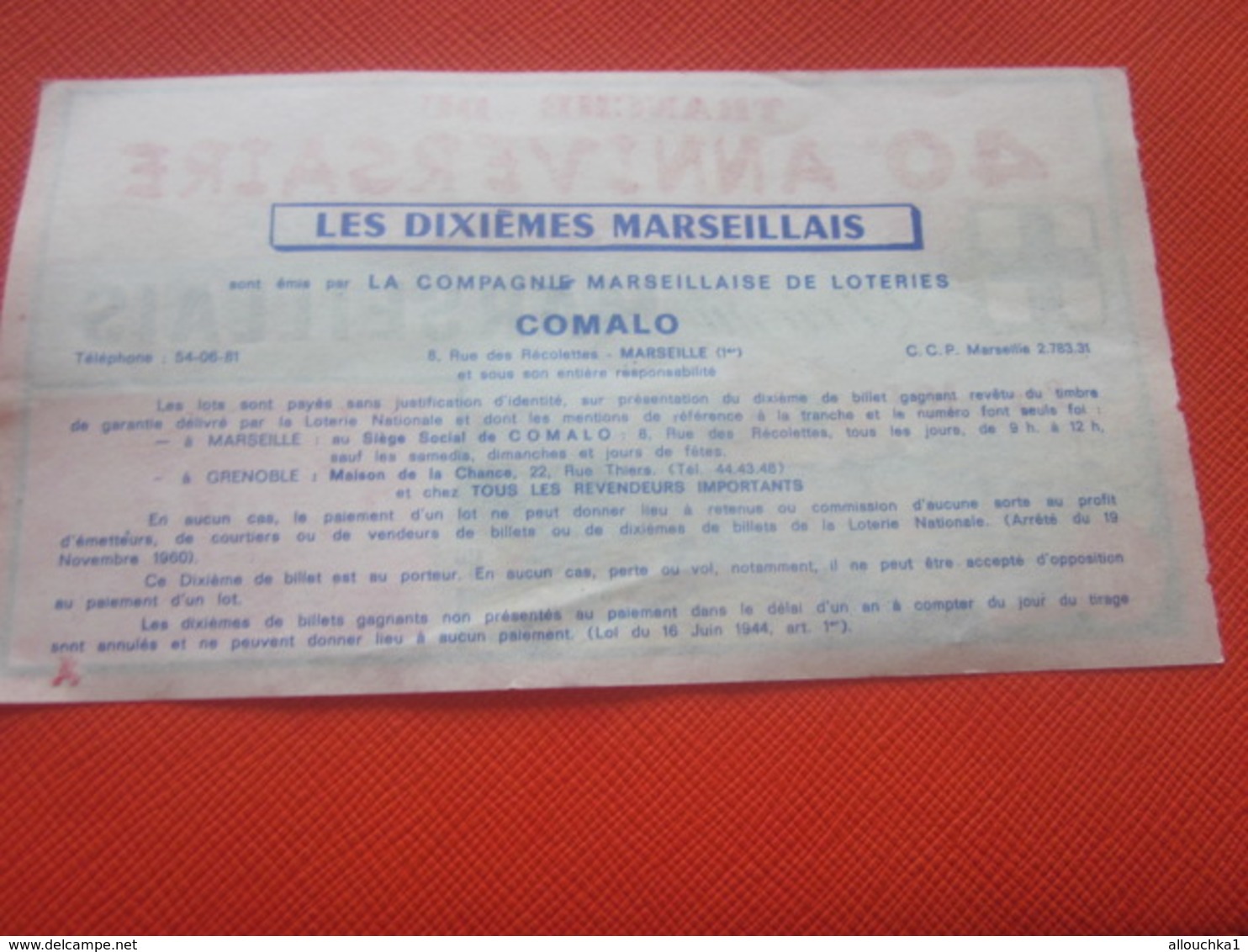 VIEUX PORT MARSEILLE-TR-40é ANNIVERSAIRE-10é MARSEILLAIS-1973-Billet De Loterie Nationale+VIGNETTE IMPRIMÉ TAILLE DOUCE - Billets De Loterie