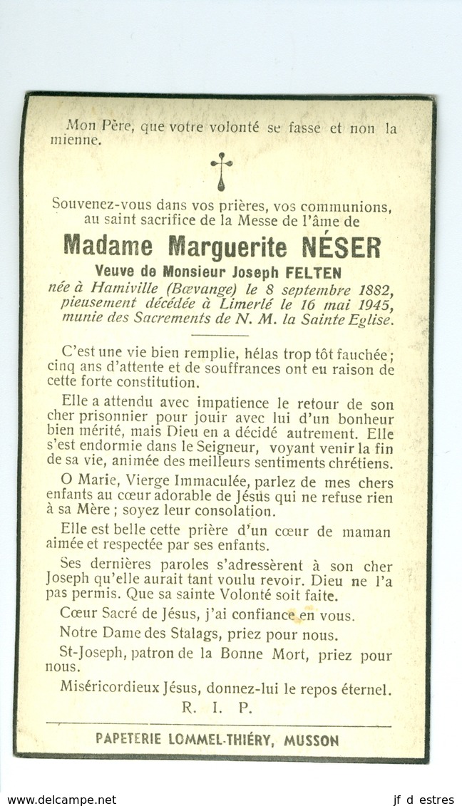 SM Marguerite Néser épse Joseph Felten, Limerlé 1945 - Décès