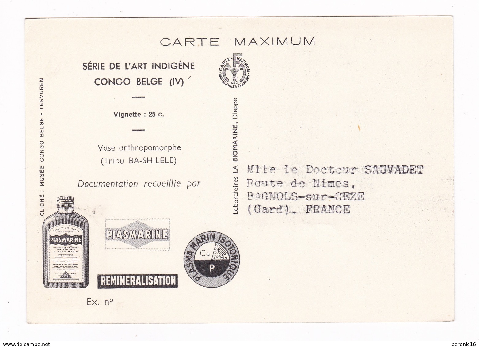 Carte Maximum Pub. Médicale PLASMARINE (oligo-éléments Sels Minéraux), Vase Anthropomorphe Congo Belge 4, 1952 - Altri & Non Classificati