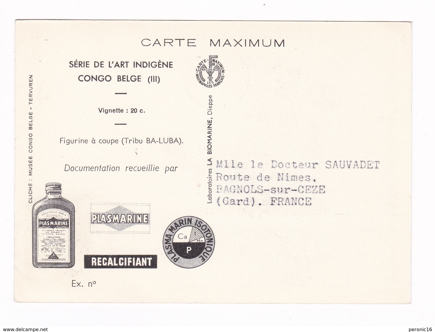 Carte Maximum Pub. Médicale PLASMARINE (oligo-éléments Sels Minéraux), Figurine à Coupe Ba-Luba, Congo Belge 3, 1952 - Andere & Zonder Classificatie