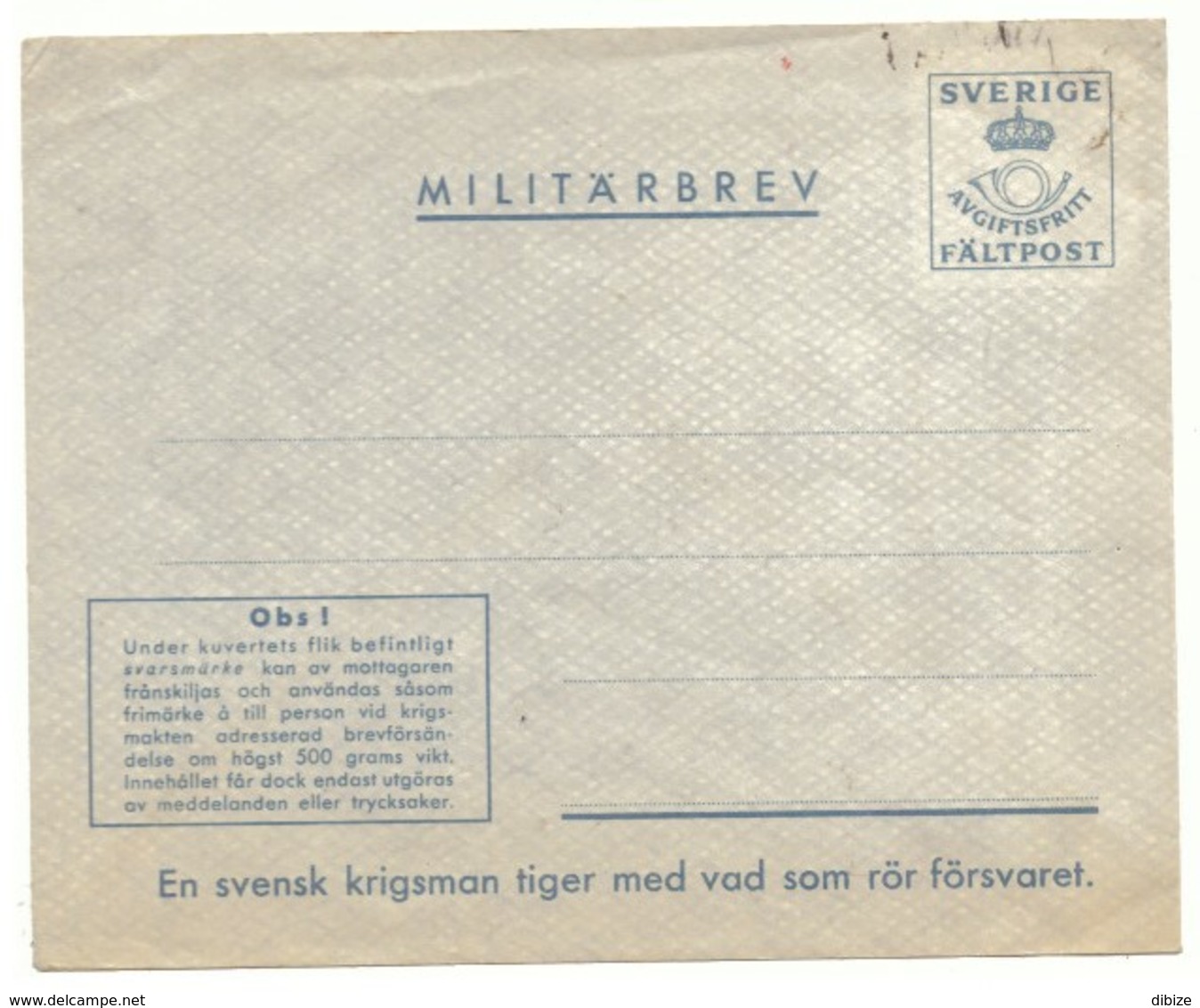 Enveloppe En Franchise Militaire. Suéde - Militaires