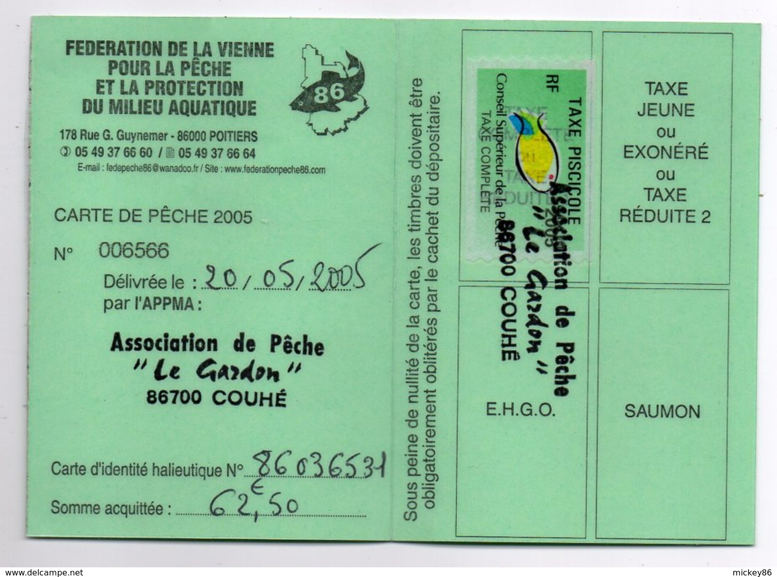 2005--Carte De Pêche Plastifiée Du Département 86 - Vignette Taxe Complète -cachet  COUHE-86 - Other & Unclassified